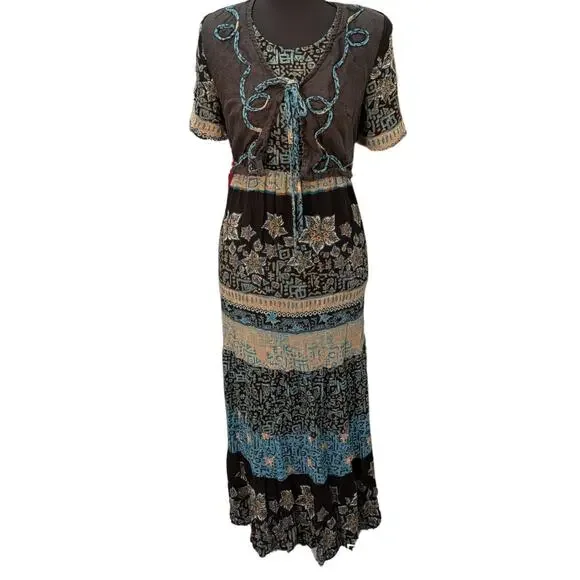 chinese dress ladies 1990's Carole Little Jersey blue floral maxi dress – Vida Antigua Collective main image 1